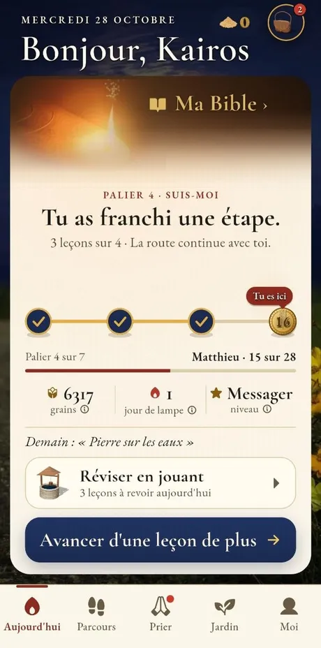 L'écran Aujourd'hui de Kairos : la leçon du jour, la révision et la prière