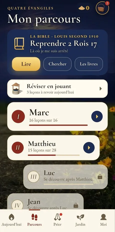 L'onglet Parcours de Kairos : Marc, Matthieu, Luc et Jean